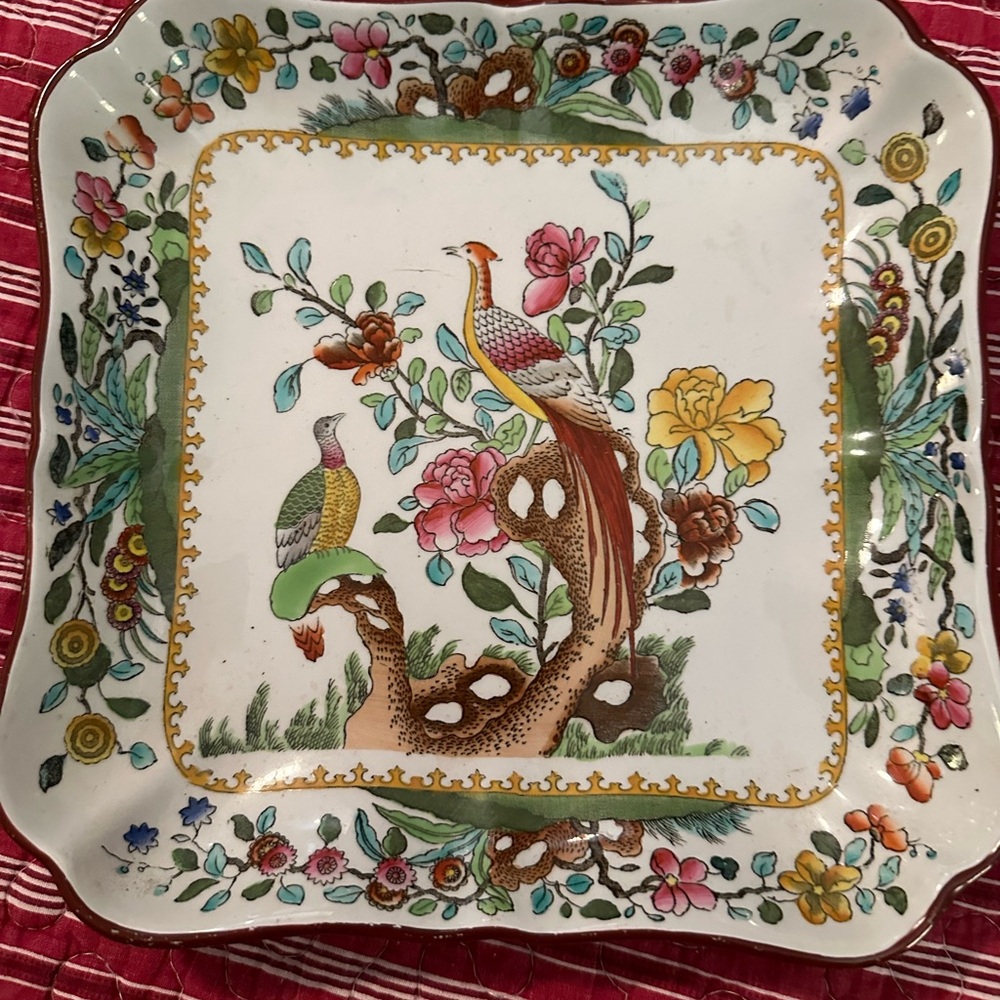 Spode Multicolor Square Plate with Floral and Bird Design